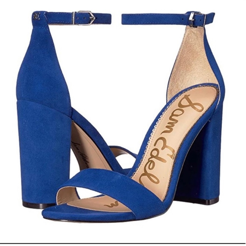 Sam Edelman Blue Suede Yaro Ankle Strap Block Heel Sandals Size 7.5